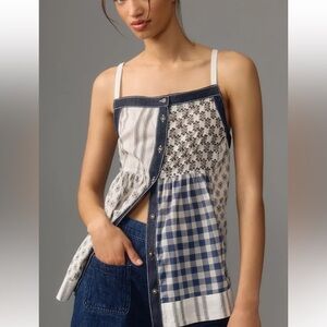 NWT Pilcro navy blue and White Patchwork babydoll top
